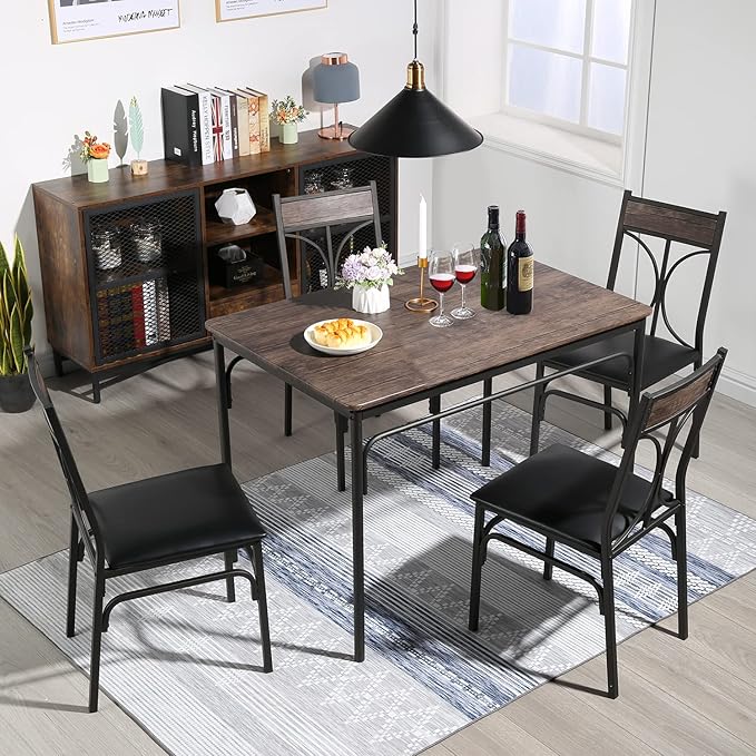 VECELO Kitchen Dining Room Table Set with 4 Chairs for Small Space, Apartment,Metal Steel Frame