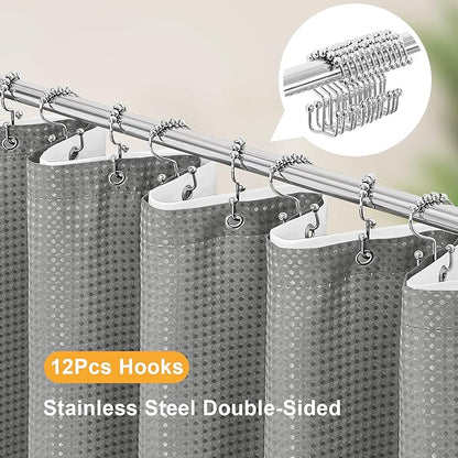 3 in 1 Shower Curtain Set, Grey Waffle Shower Curtain and PEVA Liner Set with 12 Stainless Steel Shower Curtain Hooks, Gray Waterproof Fabric Shower Curtains for Bathroom, 72 W x 72 H