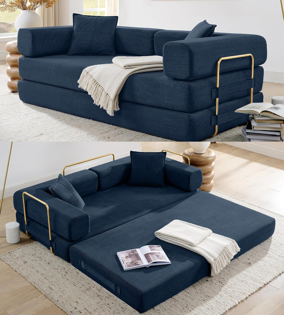 ivoros 78" Convertible Sleeper Sofa Bed, Corduroy Folding Sofa Bed with Fixed-Shape Frame, Fold Out Floor Mattress Couch, Lazy Compression Sofas for Living Room, Bedroom, No Assembly Required, Blue