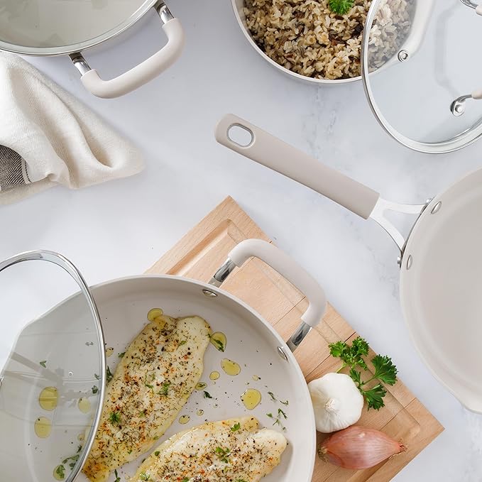 Martha Stewart Heathland Premium Nonstick PFA Free Ceramic Interior 10-Piece Tapered Aluminum Cookware Set - Taupe