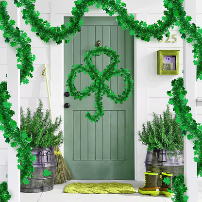 2 Pack St Patrick’s Day Tinsel Garland Decoration 66 Feet Hanging Metallic Green Shamrock Garland for Irish Festival Mantle Wall Window Decor