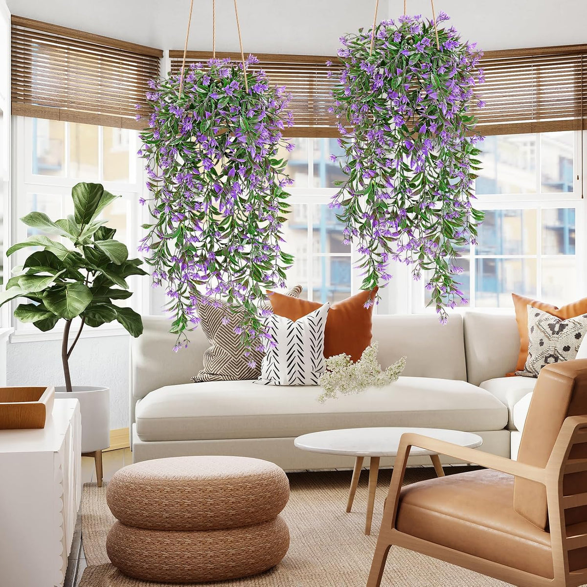 TOCHGREEN 4Pcs Artificial Hanging Plants Fern Vine, Faux Plastic Plants Fake Ivy Vine Greenery Garland with Purple Flower, Outdoor Indoor Decorations for Living Room Balcony Garden Wall Home Decor