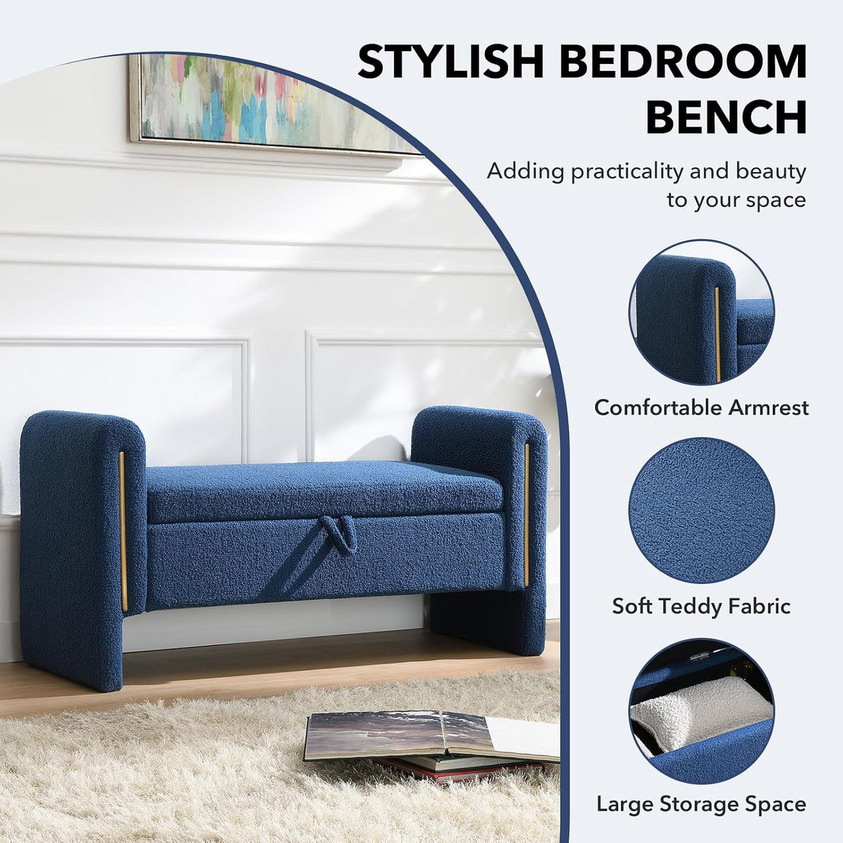 NIOIIKIT 52" Storage Ottoman Bench, Teddy Upholstered Storage Bench with Armrest, Entryway Bench with Pull-Ring, End of Bed Bench, Window Bench for Living Room (Blue)