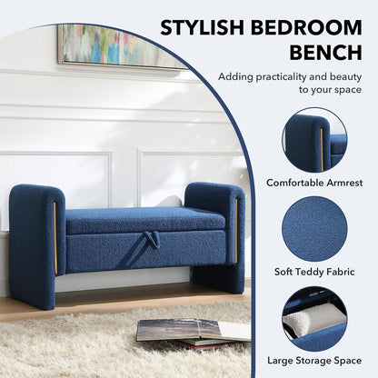 NIOIIKIT 52" Storage Ottoman Bench, Teddy Upholstered Storage Bench with Armrest, Entryway Bench with Pull-Ring, End of Bed Bench, Window Bench for Living Room (Blue)