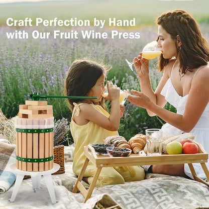 CAELUM Fruit Wine Press, 1.6 Gallon Wood Fruit and Cider Press Squeezer With T-Handle, Juice Maker, Wine Making Press Squeezer for Outdoor, Kitchen（Green）