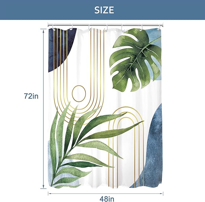 Glawry Narrow Boho Blue Green Shower Curtain Mid Century Modern Abstract Tropical Palm Leaf Botanical Minimalist Bathroom Geometric 48Wx72L Inches Bath Accessories Art Home Decor Fabric 7 Pack Hook