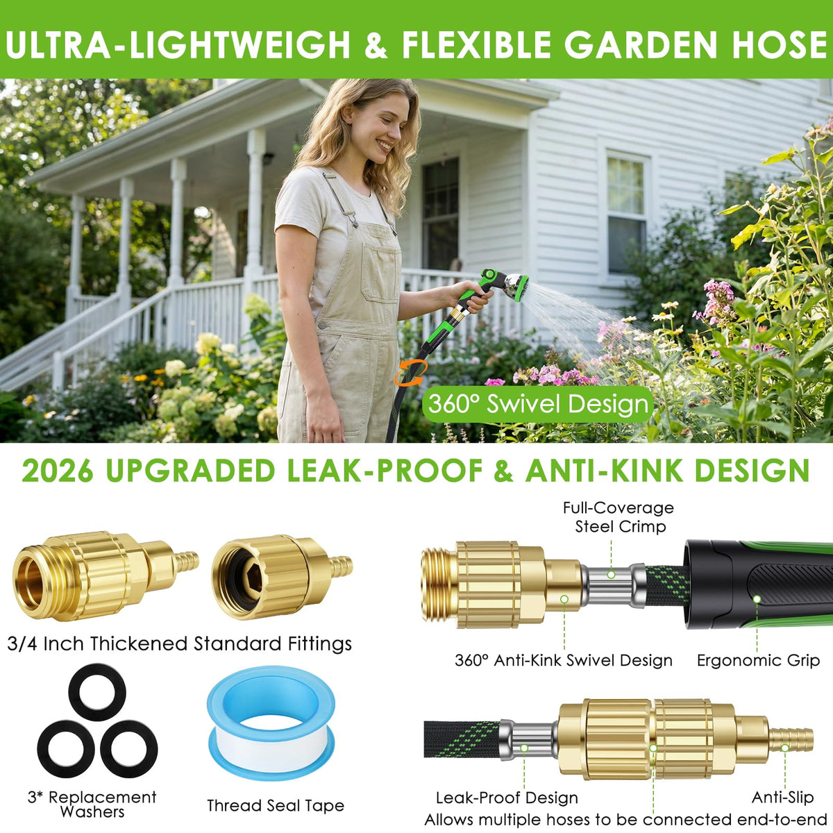 HORTICORA Garden Hose 100 ft, Non-Expandable Ultra-Lightweight Flexible Hose with 360° Dual-End Anti-Kink Design, 10-Pattern Spray Nozzle, 500 PSI Leak-Proof, 96-Strand Braided Fabric, Storage Strap