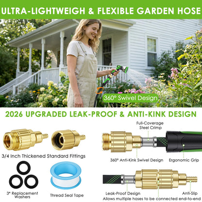 HORTICORA Garden Hose 100 ft, Non-Expandable Ultra-Lightweight Flexible Hose with 360° Dual-End Anti-Kink Design, 10-Pattern Spray Nozzle, 500 PSI Leak-Proof, 96-Strand Braided Fabric, Storage Strap