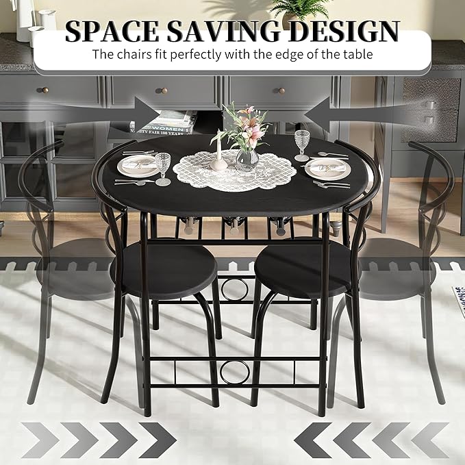 VECELO 3-Piece Dining Table Set for Kitchen Breakfast Nook, Wood Grain Oval Tabletop and Metal Frame with Built-in Wine Rack, for Small Spaces, Black