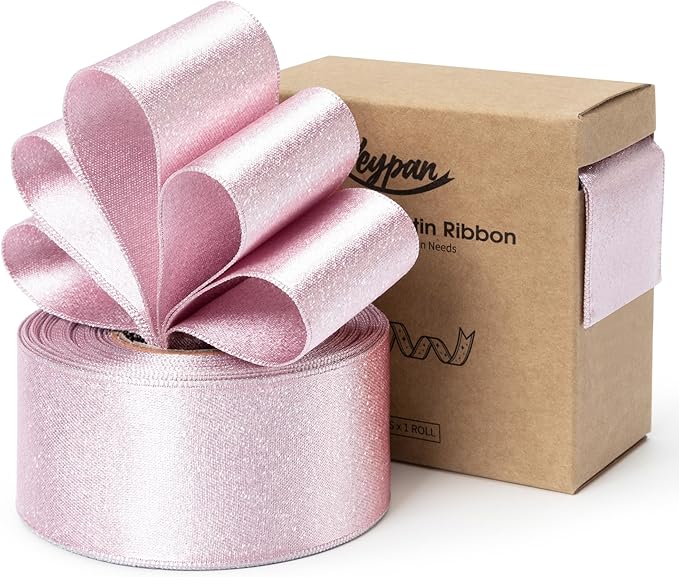 Light Pink Satin Ribbon for Valentines Day 1-1/2 Inch Double-Faced Wide Wired Sliver Glitter Ribbons for Wreath Christmas Tree Decoration Gift Wrapping, Home Decor 10 Yards