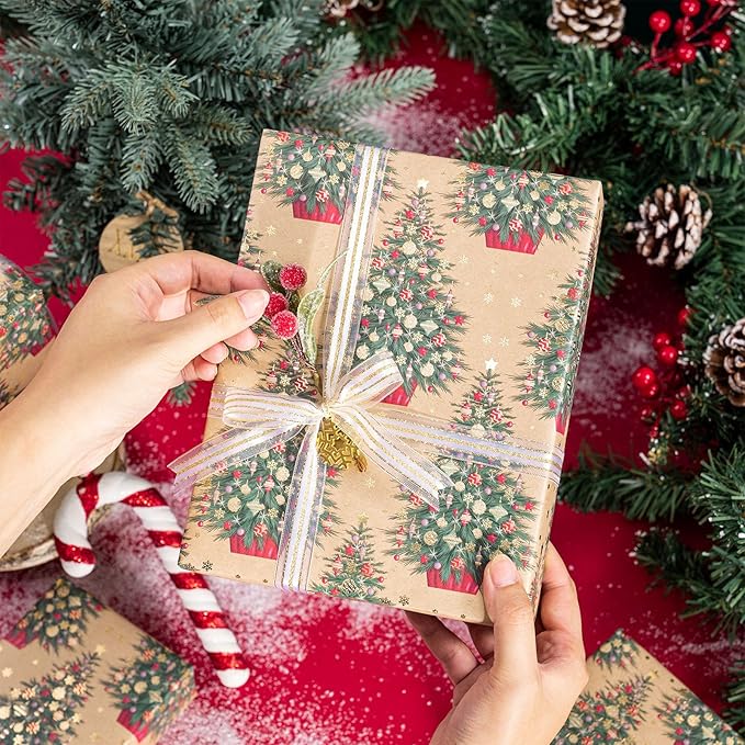 RUSPEPA Kraft Christmas Wrapping Paper Roll, Mini Roll, Gold Foil Christmas Tree Design, Elegent Kraft Gift Wrap Paper Great for Xmas Gifts, Winter and Holidays, 17 Inches X 16.4 Feet