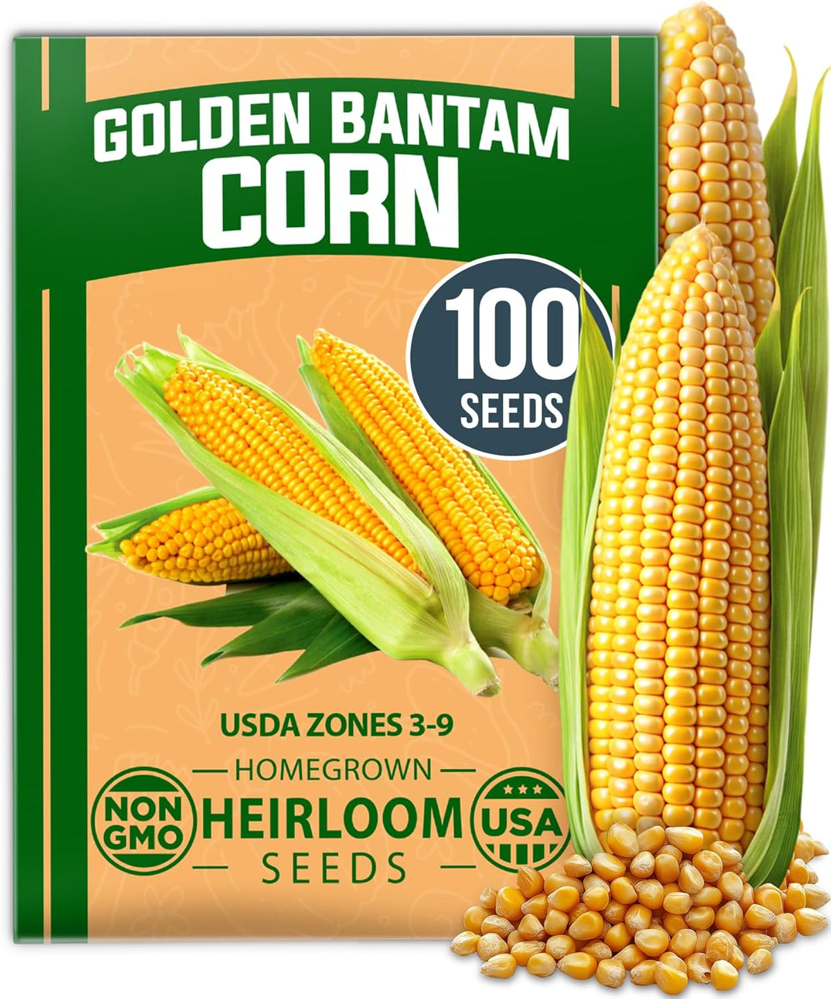 HOME GROWN 𝗨𝗦𝗔 𝗣𝗥𝗘𝗠𝗜𝗨𝗠 Golden Bantam Corn 1 Pack 100 𝗡𝗢𝗡-𝗚𝗠𝗢 Heirloom Vegetable Seeds Grow Sweet Corn Outdoors Easy for Beginners & Great for Home Gardeners High Germination (Zea mays)