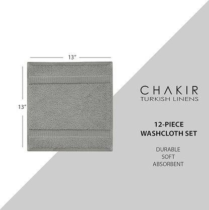 Chakir Turkish Linens 100% Turkish Cotton Luxury Hotel & Spa Washcloth Set (Set of 12, Gray)