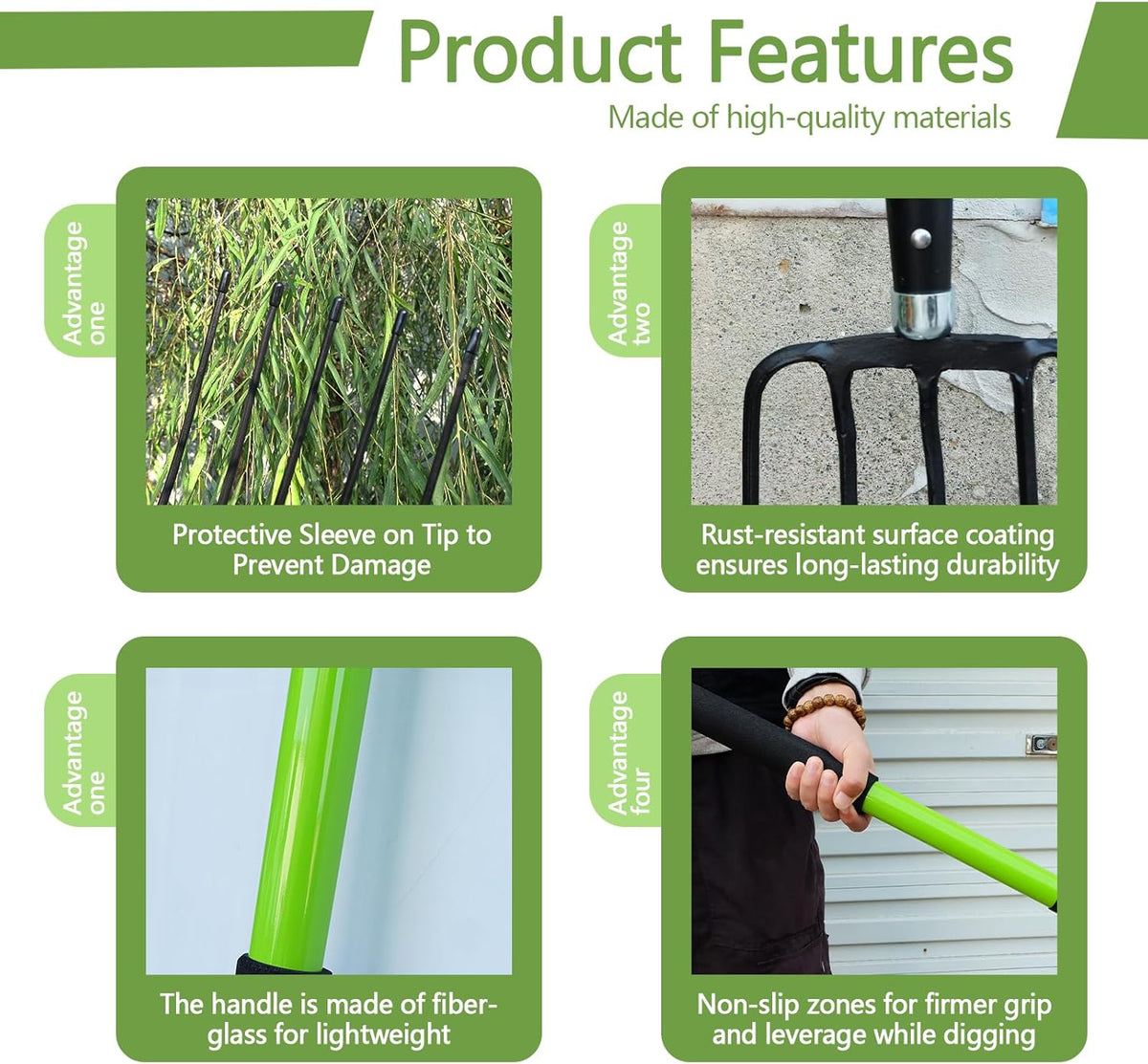 Pitch Fork-57 Inch，5-Tine Steel Garden Fork Heavy Duty, Mulch with Cushion Grip, Green Fiberglass Handle