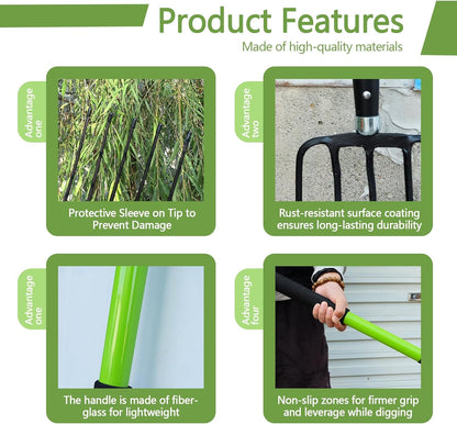 Pitch Fork-57 Inch，5-Tine Steel Garden Fork Heavy Duty, Mulch with Cushion Grip, Green Fiberglass Handle