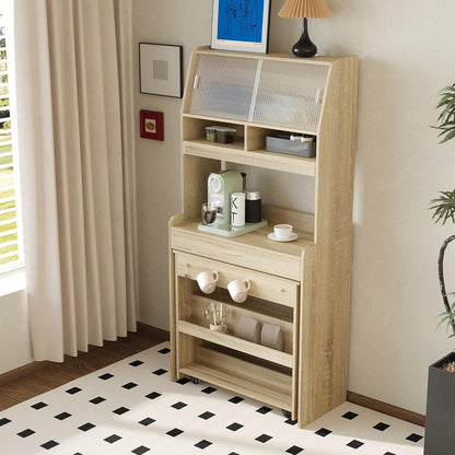 JIJIWANG Compact 33.5x15.7x69inch Buffet with Hutch and Foldable Dining Table, Multifunctional Cupboard with Storage Shelf and Side Hooks for Small Places (Natural Oak, 66.1" L x 31.5" W x 69" H)