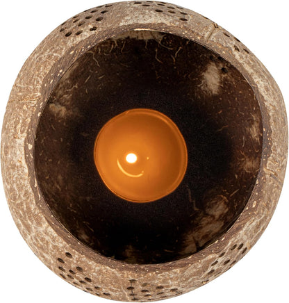 Restaurantware-Coco Casa 4 x 3.3 Inch Coconut Shell Candle Holders, 1 Reusable Tealight Holders - Candle Not Included, Leaf Pattern, Brown Coconut Bowls For Candles, Handcrafted