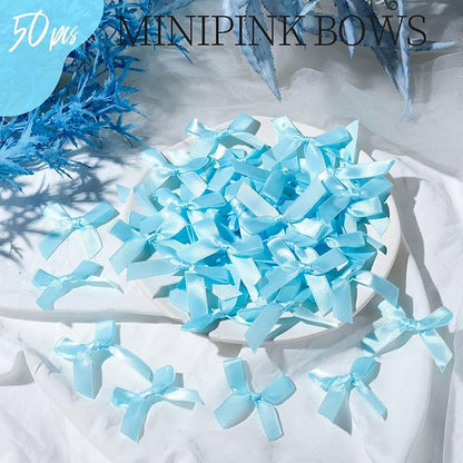 YGDZ 50 PCS Mini Blue Bows, Light Blue Satin Ribbon Bows, Small Bows for Crafts, Tiny Bow for Baby Shower, Party Decorations, Balloon, Gift Box Packaging