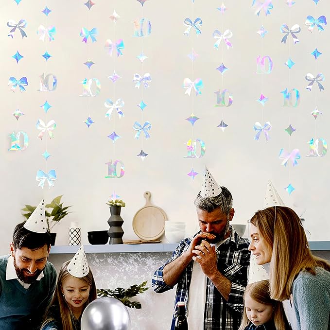 Iridescent 10th Bow Birthday Decorations Glitter Conquette Bow Garland Streamer Banner Backdrop for Girls Boys Happy 10th Birthday Double Digits Cheers to 10 Years Old Anniversary Party Supplies