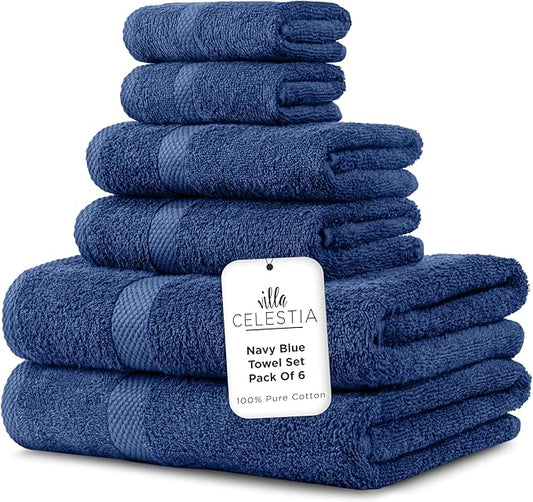 100% Combed Cotton Bathroom Towel Set of 6- 2 Bath Towels, 2 Hand Towels, 2 Wash Cloths, Sustainable, Soft, Highly Absorbent 6 Piece Cotton Bath Towel Set for Hotels, Spa, Bathroom, Dorm, Navy Blue