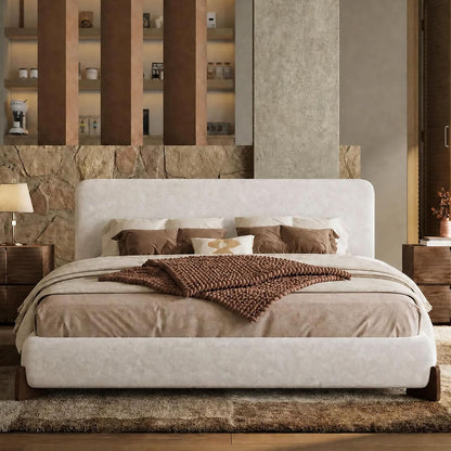 Kenhome Queen Size Boucle Cloud Bed Frame, White Upholstered Platform Bed with Soft Headboard, Solid Wood Legs, No Box Spring Required, Easy Assembly (Beige, Queen (U.S. Standard))