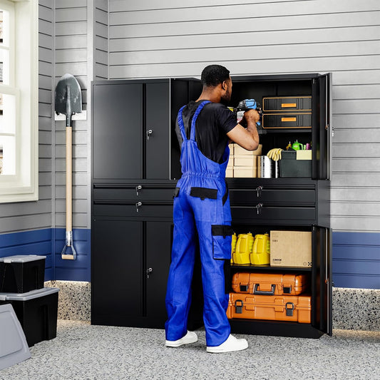 Yizosh Metal Garage Storage Cabinet with Locking Doors and Adjustable Shelves, 71" Tool Storage Cabinet with 2 Drawer for Garage,Warehouse