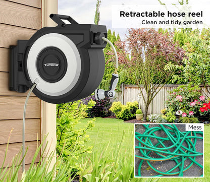 Tuyeho Retractable Garden Hose Reel 100FT, Wall Mount Heavy Duty Water Hose Reels with Automatic Slow Rewind System, Outdoor Hoses Reel with 2 Hose Nozzles for Garden Watering, Car Wash, Pet Shower