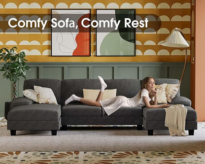Furmax Sectional Couches for Living Room, U-Shaped Sofa Couch with Linen Fabric, 4 Seat Sofa Set with Double Chaise for Apartment (Corduroy, Dark Grey)