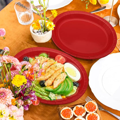 QZYL 50 Pcs Party Decorations, 12.2'' X 10.2'' Oval Large Paper Plates, Red Disposable Heavy Duty Paper Plates for Birthday Party, Wedding, Picnic, Barbecue, Holiday