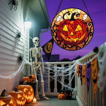 Stained Glass Window Hanging - Halloween Decorations Evil Pumpkin Orange Suncatcher for Doors Garden Indoor Funny Spooky Sun Catchers Gothic Decor Horror Gifts for Women Men Friend 15 in
