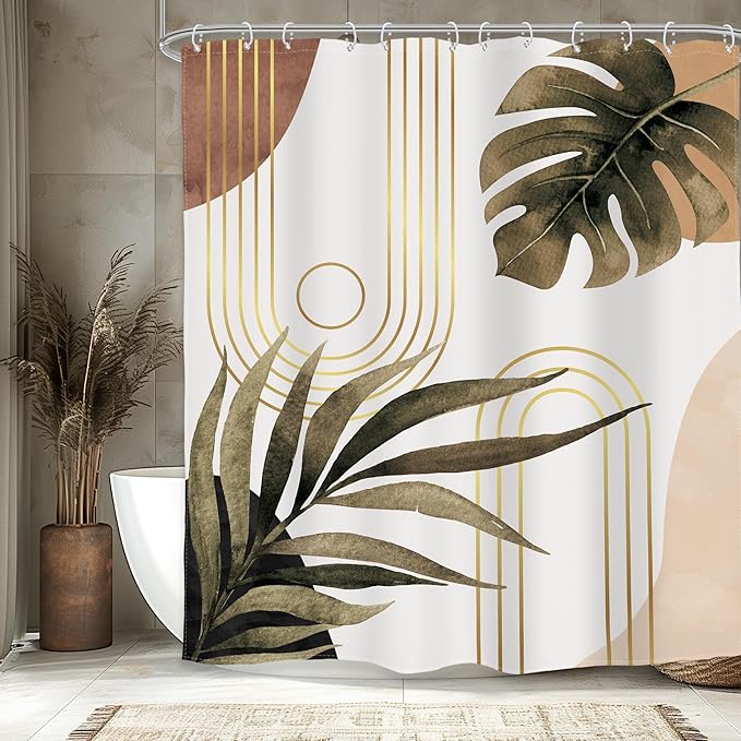 Glawry Boho Brown Shower Curtain 60Wx72L Inches, Abstract Bohemian Mid Century Bathroom Curtains, Plant Botanical Palm Leaf Shower Curtain Set Bath Accessories Fabric Waterproof 12 Hooks