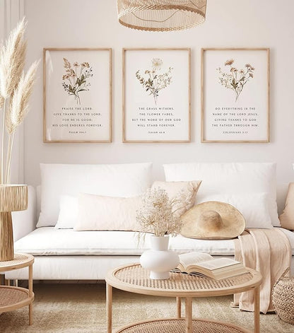 Wildflower Bible Floral Canvas Wall Art Christian Verses Floral Paintings Pictures Wall Decor Botanical Scripture Room Posters Prints for Bedroom Living Room Office Christian Scene Home Decorate