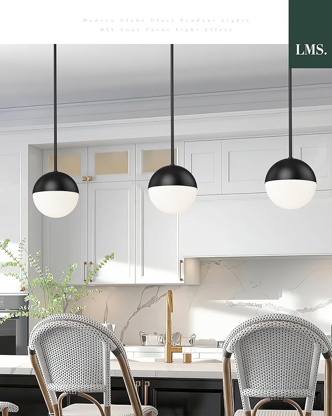 LMS 8-inch Modern Globe Pendant Light Frosted Glass with Black Finish Contemporary Mid Century Adjustable Hanging Light Fixture for Living Room Bedroom Kitchen LMS-186