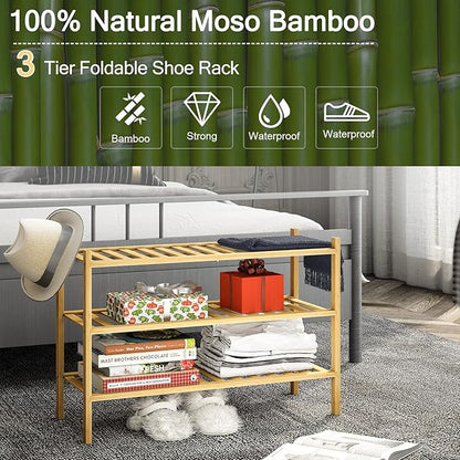 3-Tier Bamboo Shoe Rack for Entryway, Stackable | Heavy Duty | Multi-Function, Free Standing Shoe Racks for Bedroom Hallway Closet