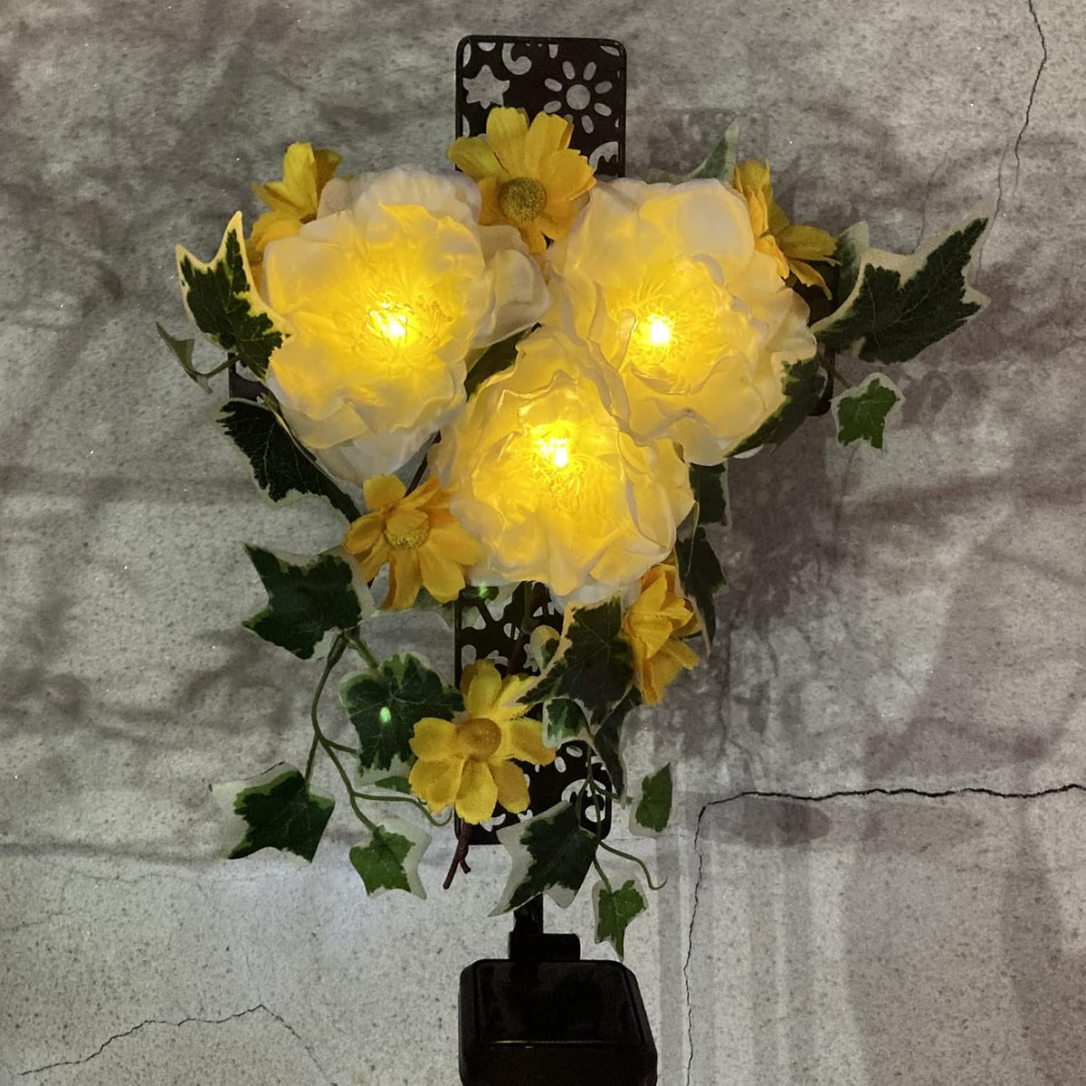 Starryfill Solar Cross Lights with Three Flowers, Solar Metal Stake with Led Warm White Lights Decorative for Outdoor Remembrance Sympathy Grave Gifts
