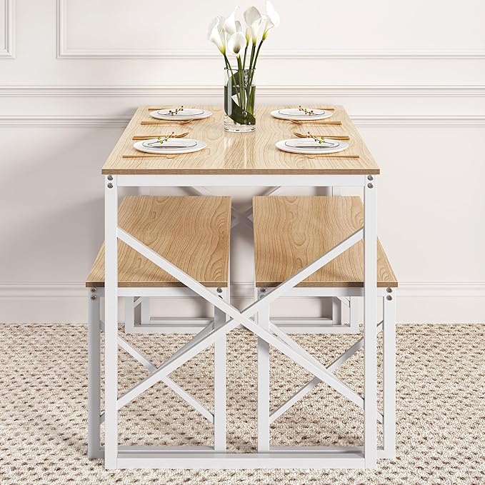 VECELO Kitchen Table with 2 Benches for 4, 43.3'' Wood Dining Room Dinette Sets with Metal Frame for Breakfast Nook and Small Space, Oak