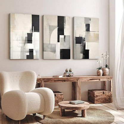 3Pcs Framed Neutral Abstract Canvas Wall Art Floral Pictures Modern Minimalist Posters Prints Beige Black Flower Wall Decoration for Living Room Bedroom Bathroom Office 12x16in
