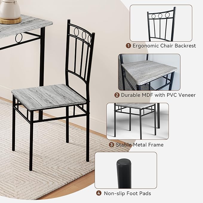 Kitchen Dining Table Set for 4, 5-Piece Kitchen Table Set,Dining Room Table Sets,Rectangular Kitchen Table Set with 4 Chairs for Small Space, Dinette,Apartment,Rustic Grey