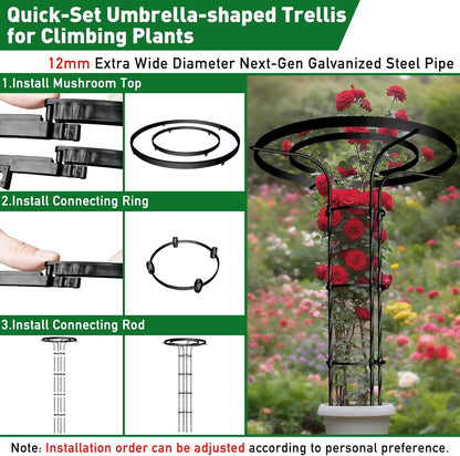 Mushroom Top Trellis for Climbing Plants Outdoor, 3.44FT Decorative Obelisk Plant Support with Rustproof PE-Coated Metal, Rose Trellis for Clematis Ivy, Black