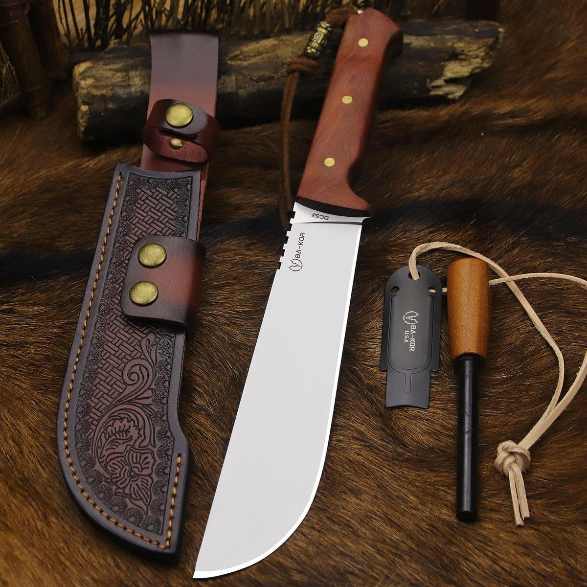 BA-KOR USA 8mmDC53 steel 35CM (14 ") full Tang fixed knife with leather sheath and (5.9 ") ceria ignition head, suitable for outdoor hunting, camping, clearing, adventure, fishing, EDC, BBQ (BA-K0a(8mm))