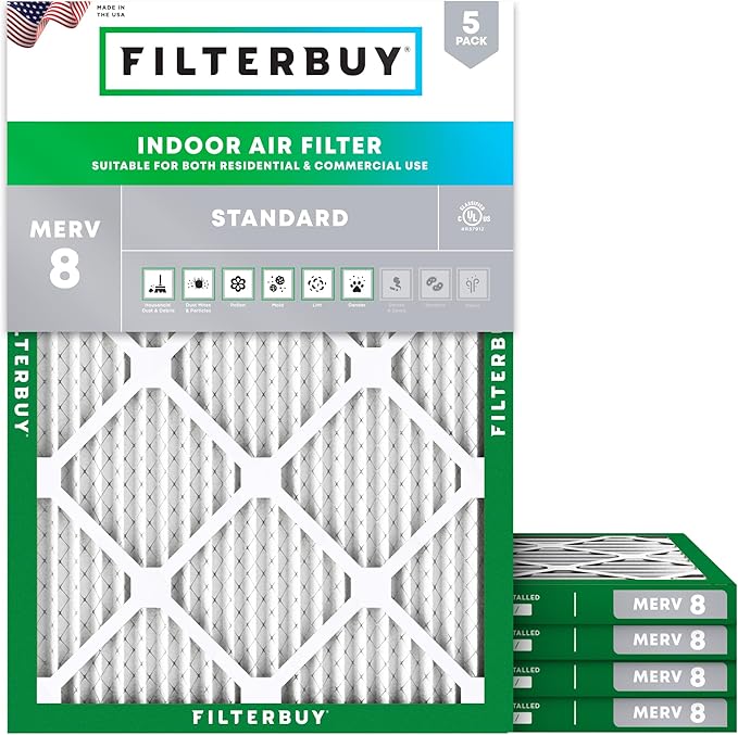 Filterbuy 17x20x1 Air Filter MERV 8 Essential Dust & Allergy Defense (5-Pack), Electrostatic Pleated HVAC AC Furnace Filters Replacement, Made in USA (Actual Size: 16.50 x 19.50 x 0.75)