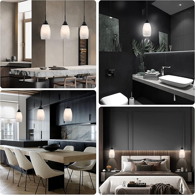 Mini Glass Pendant Light,1-Light Handblown White Oval Art Glass Hanging Pendant Light for Kitchen Island,Dining Room,Living,Foyer,Hallway, Entry Matte Black Metal