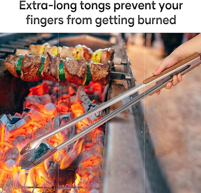 21-Inch Extra Long Stainless Steel BBQ Tongs with Extended Luxurious Acacia Handle – Durable and Easy-to-Clean Grilling Tool for Cooking, Kitchen Use, and Outdoor Barbecues
