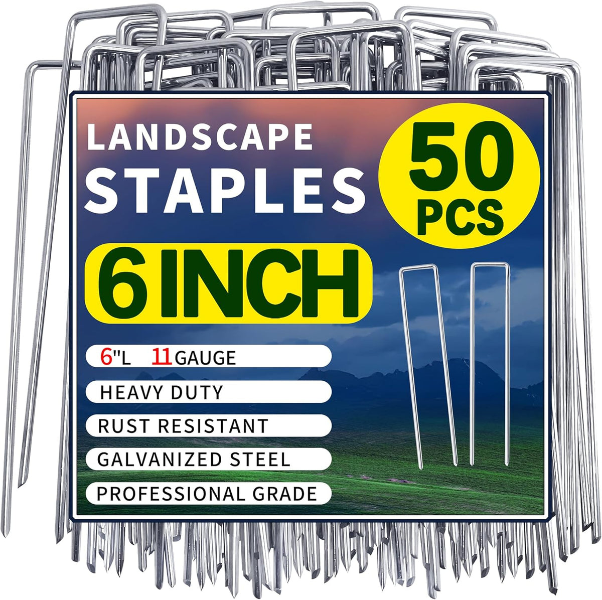 50 Pack Landscape Staples 6 Inch Garden Stakes Galvanized Garden Staples Pins Anti-Rust Ground Stakes for Weed Barrier, Irrigation Tubing, Landscaping Fabric, Yard Lawn