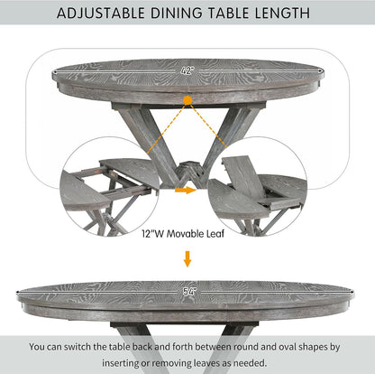 Merax Extendable Round Dining Table Set for 4, Farmhouse Kitchen Table Set with 4 Upholstered Chairs for Kitchen, Dining Room, Living Room, Grey