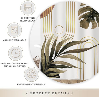 Glawry Boho Brown Shower Curtain 60Wx72L Inches, Abstract Bohemian Mid Century Bathroom Curtains, Plant Botanical Palm Leaf Shower Curtain Set Bath Accessories Fabric Waterproof 12 Hooks