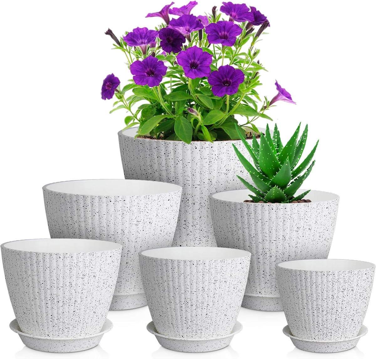 7/6.2/5.5/5/4.5/4 inch Flower Pots, 6 Pack Plant Pots for Small Indoor Outdoor Plants, Plastic Planters with Drainage Holes and Saucers for Garden Succulent House Plants, Speckled White