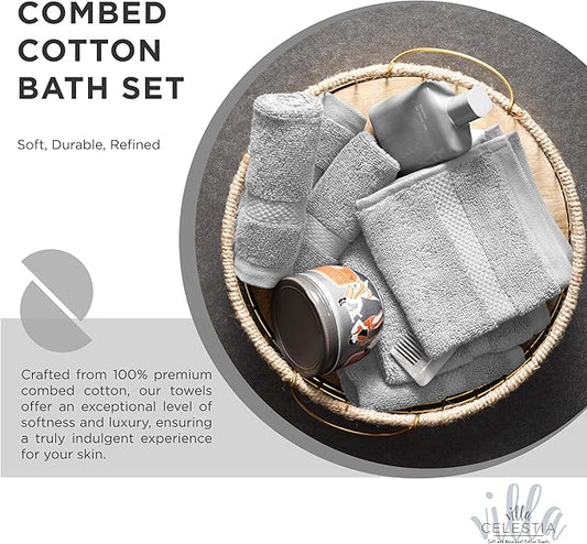 100% Cotton Bath Towel Set of 12-4 Bath Towels, 4 Hand Towels, 4 Wash Cloths, Sustainable, Soft, Highly Absorbent, Combed Cotton 12 Piece Set for Hotels, Spa, Bathroom, Dorm, Silver