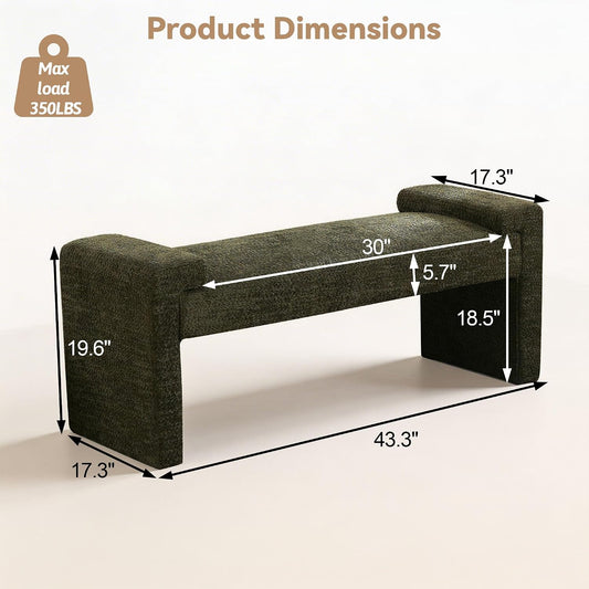 43" Upholstered End of Bed Bench, Entryway Bench with Curved Armrests, Modern Bedroom Bench Seat with Solid Wood Frame for Living Room, Hallway, Green