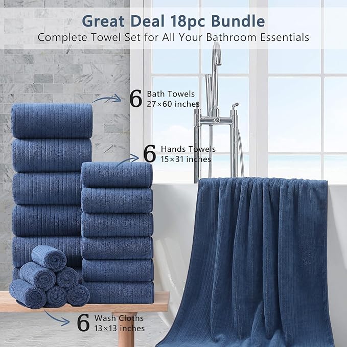 18 Piece Bath Towels Set,Soft Family Bathroom Towel Set with Hanging Loops-6 Bath Towels,6 Hand Towels,6 Washcloths,Highly Absorbent Quick Dry Shower Towel for Bathroom,Hotel,Spa-Navy Blue Towel Set